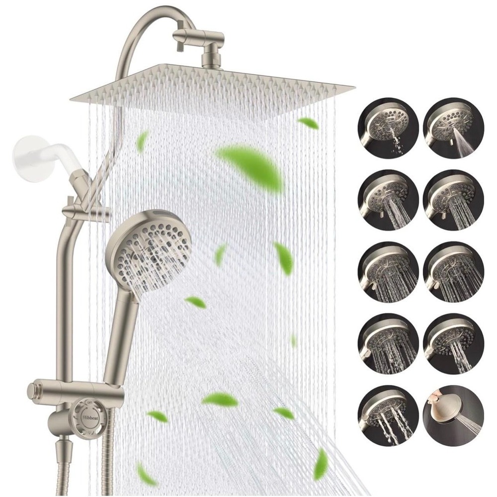 Hibbent Shower Head Combo Brushed Nickel 12x10 Rainfall Handheld 10 Spray Modes
